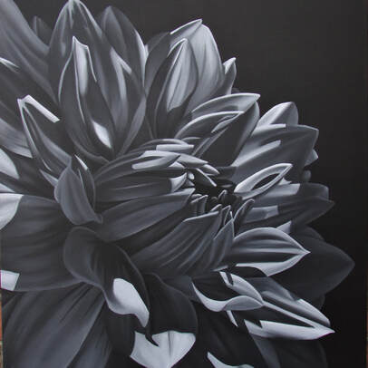 Original black and white dahlia painting by Spokane artist Lauren Urlacher. The flower is moody and has complex shadows with dramatic contrast.
